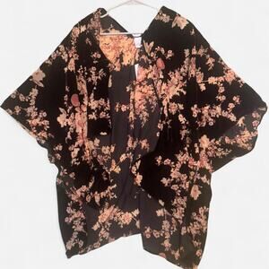 Romantic Bohemian Black Burnout velvet kimono with pink floral print NWT